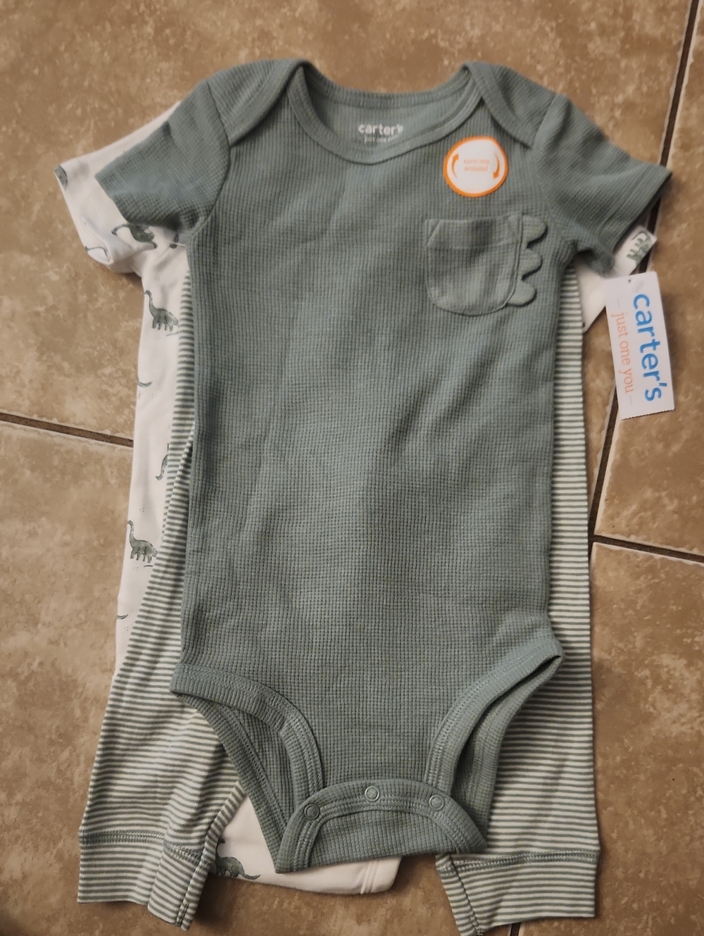 Carter's Sage Green Ribbed ShortSleeve & Dinosaur Short Sleeve Bodysuit Pant Set